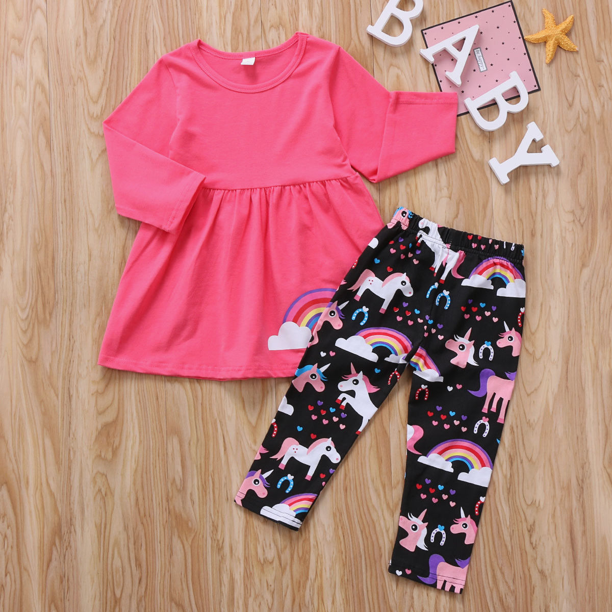 Unicorn Rainbow Kids Baby Girls Outfits Clothes T-shirt Tops Dress +Long Pants 2PCS Set Children's clothing