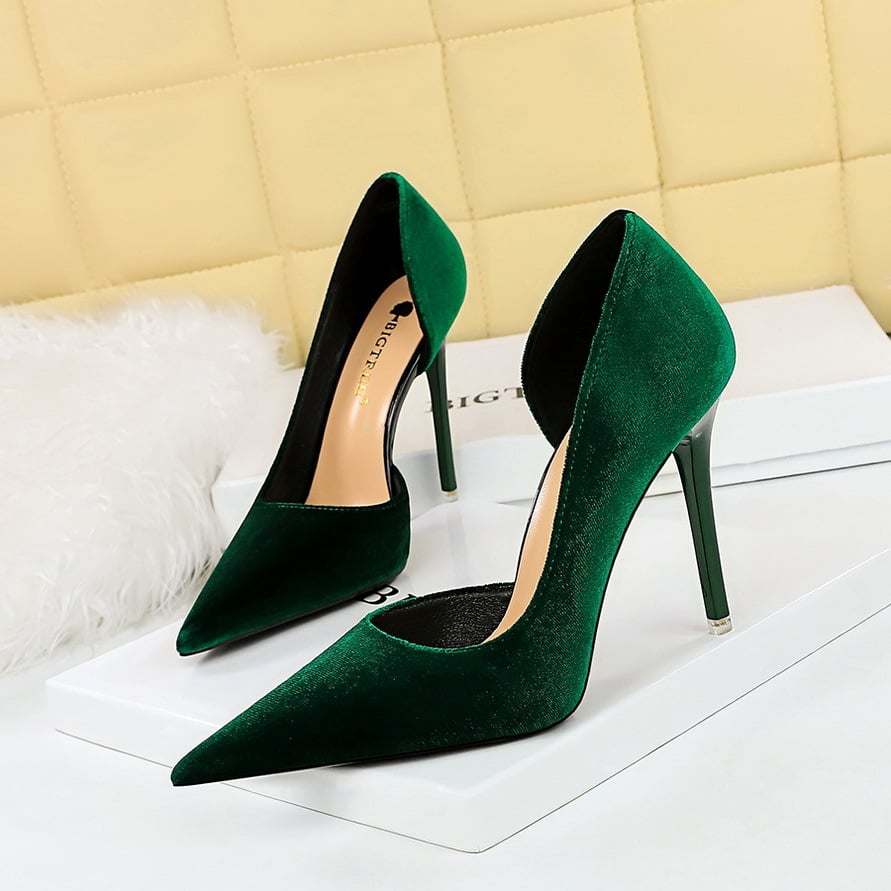 Fashion Banquet High Heel Slim Heel Shallow Mouth Pointed Side Cut Xishi Suede Women's High Heel Single Shoes