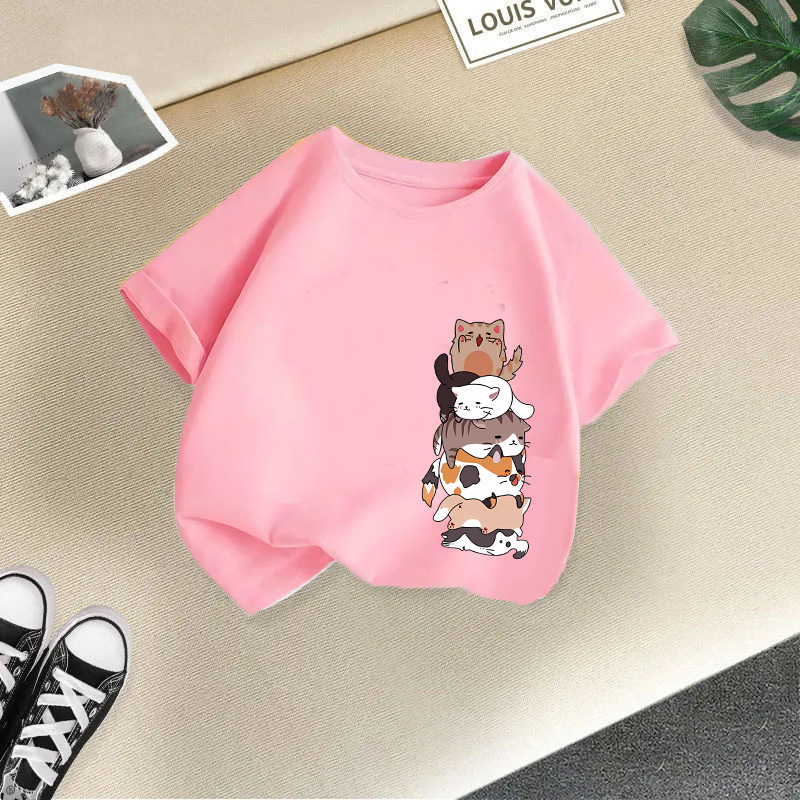 Kawaii Cat Graphic Harajuku Anime Short Sleeve Boys Girls Tshirt Children Cartoon T-shirt Kids Tops Tee Cotton Children Costumes