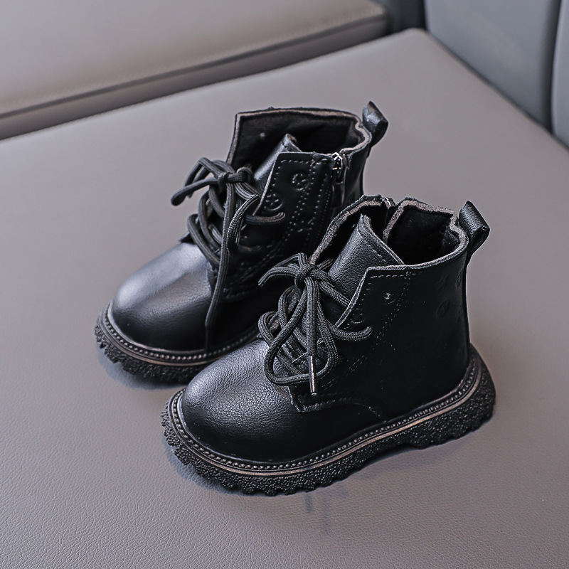 2024 new warm female baby thin velvet lace-up leather boots boys Martin boots cute printed short boots