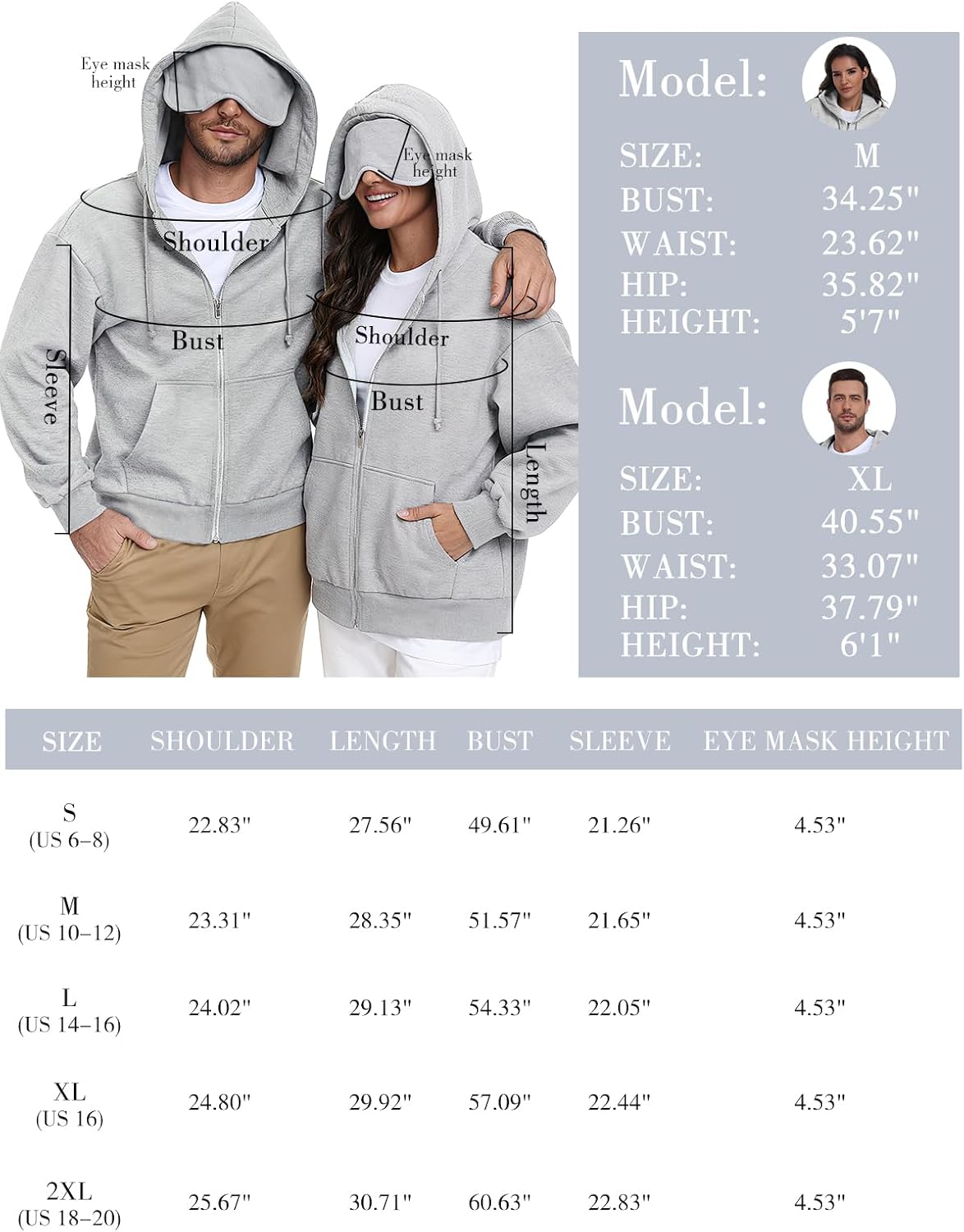 SeSe Code Unisex Zip Up Hoodie With Eye Mask Airplane Mode Travel Hoodies Oversized Sweatshirt Fleece Jacket