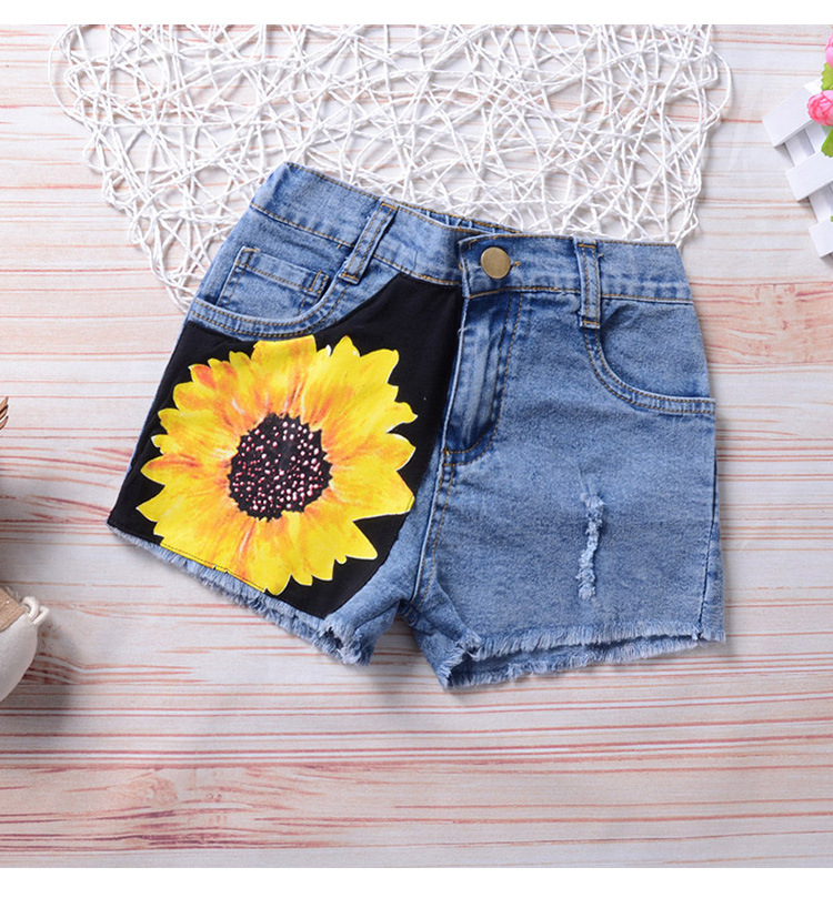 Children's clothing Toddler Kids Girls Sleeveless Flowers Printing T-shirt+Printed denim shorts Set 2Pcs