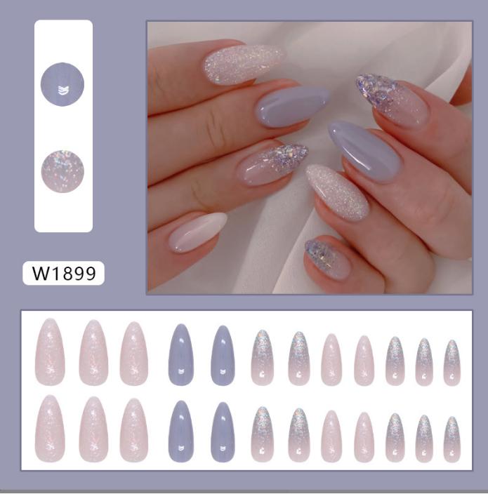 24Pcs Short Almond Ballet False Nails With Light Blue Edge Design French Press on Nails Wearable Almond Full Cover Fake Nail Tip