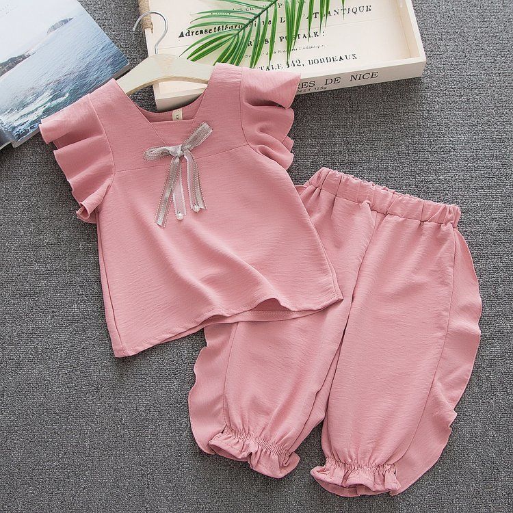 Simple Fashion Sleeveless Chiffon Ruffled Tank Top + Black and White Plaid Hot Pants Set Kid Suit Girl Clothes