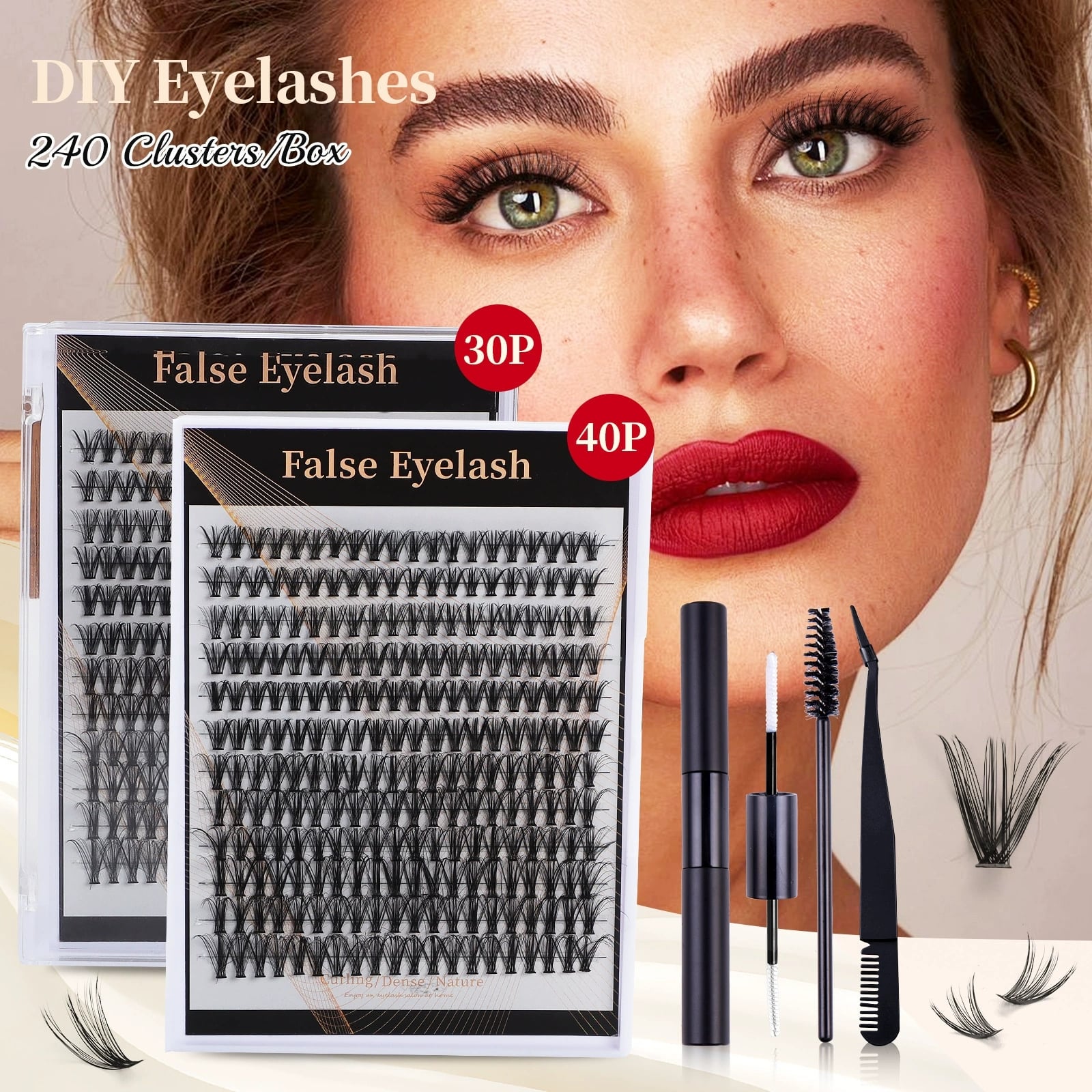 240Pcs Cluster Lashes Extensions 30P/40P False Eyelashes Kit for Volume 3D Fluffy Natural Reusable DIY Individual Eyelashes