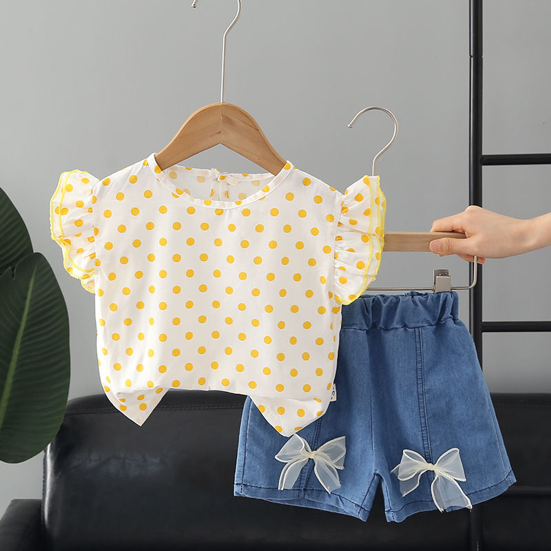 Toddler Kids Baby Girls Long Sleeve Ruffle Dots Tops+Pearl Button Celebrities Skirt Set Outfits Clothes 2PCS