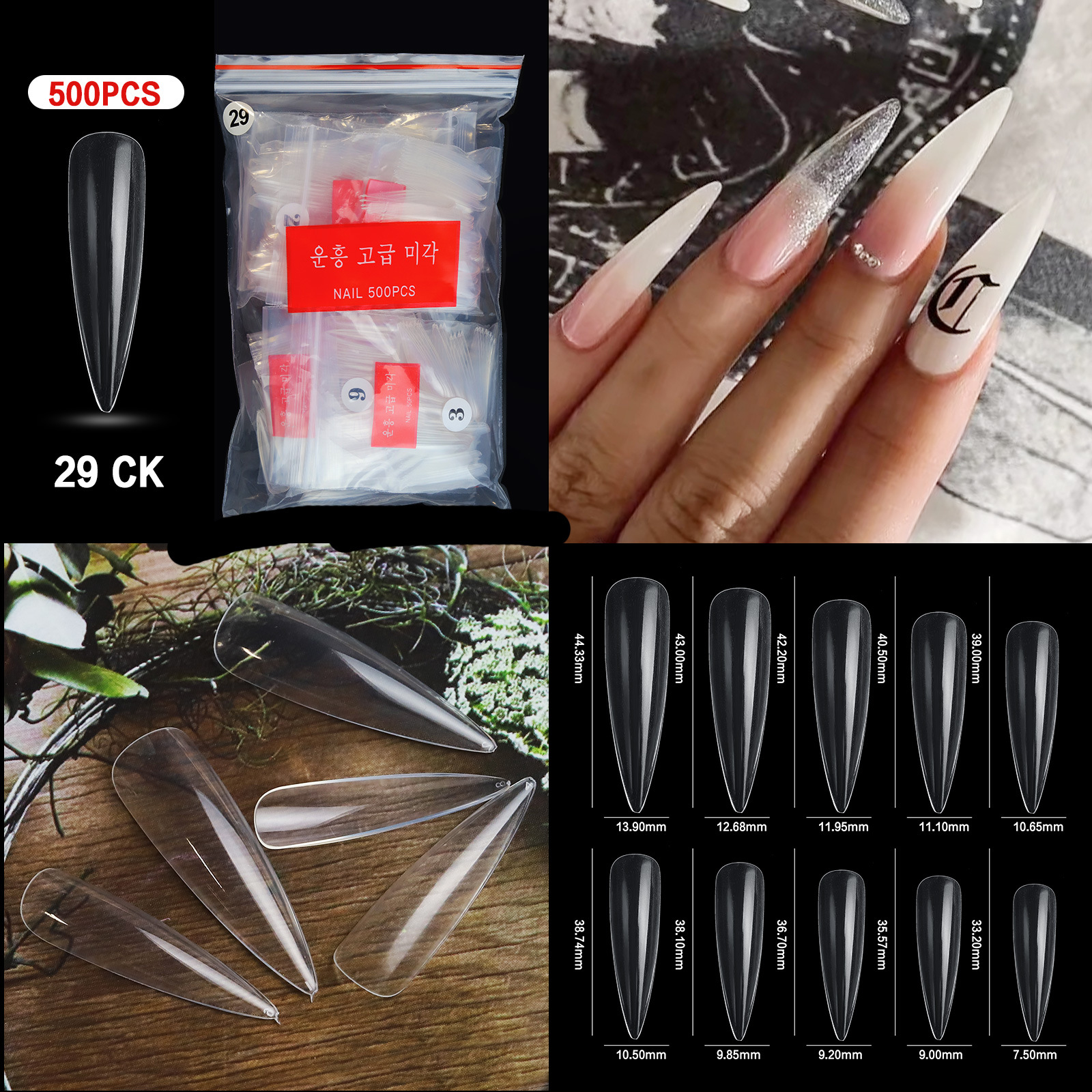 500pcs/Bag Super Long Full False Nail Art Tips Natural Clear Acrylic Fake T Sharp Nails For Salon Design Manicure Kit