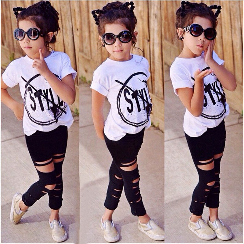 2Pcs Fashion Baby Girls Print T-shirt blouse + Legging Pants Set Kids Clothes
