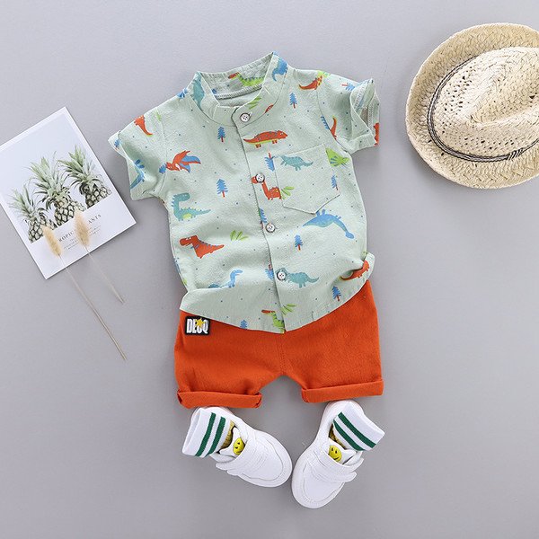 New Cartoon Dinosaur Print Short Sleeve Shirt Pants for Kid Baby Boys Clothes
