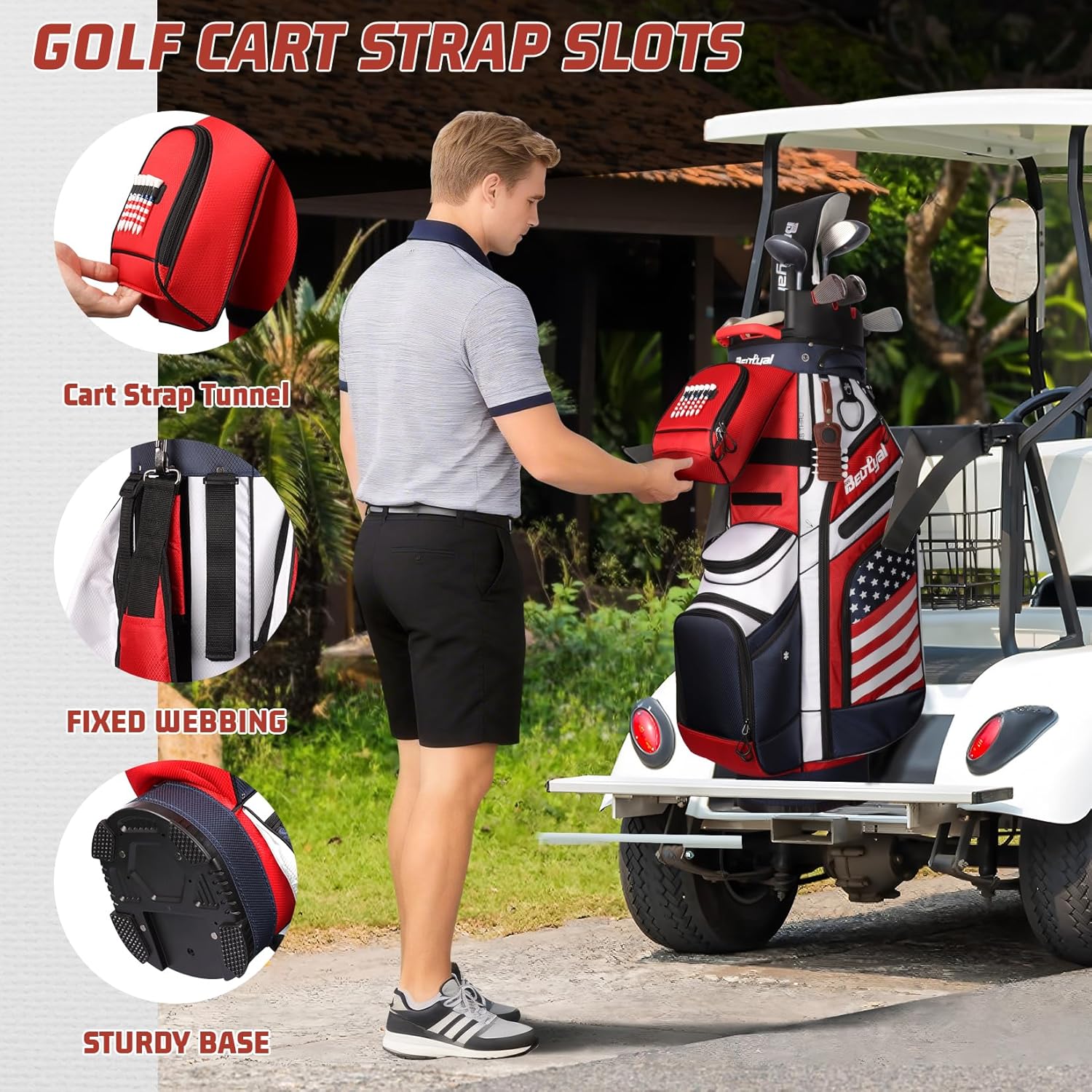 14 Way Golf Cart Bag with T Lock Top & Full Length Dividers, USA Flag Men's Golf Club Cart Bag Premium Cart Golf Bag with Cooler and Rain Cover