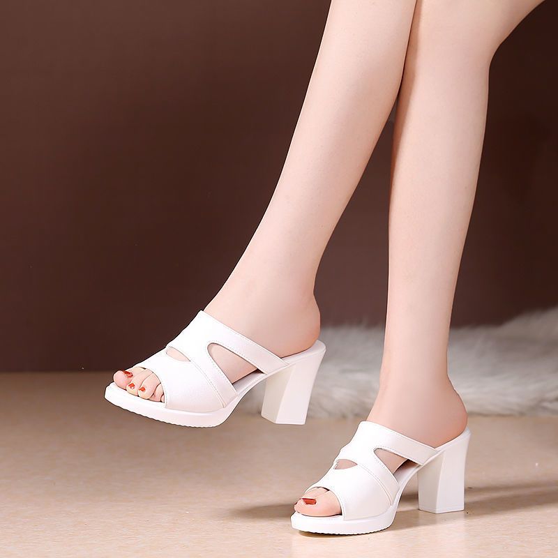 New Fashionable Outerwear Coarse Heel Middle Heel Versatile Fish Mouth Outerwear High Heels Cool Slippers