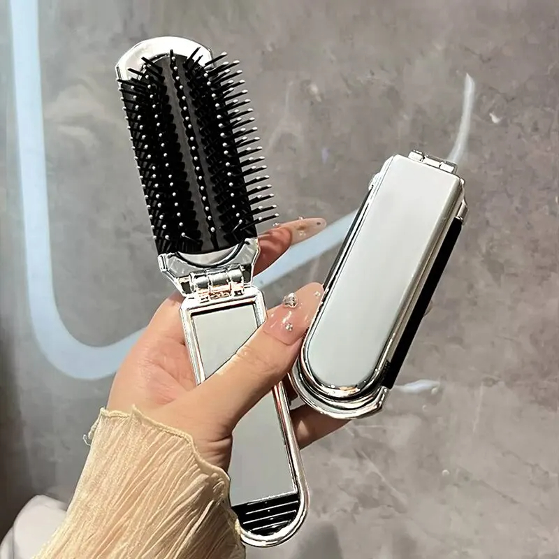 Electroplated Folding Airbag Comb Portable Portable Airbag Massage Comb Women's Special Removable Makeup Mirror 2-In-1 Comb