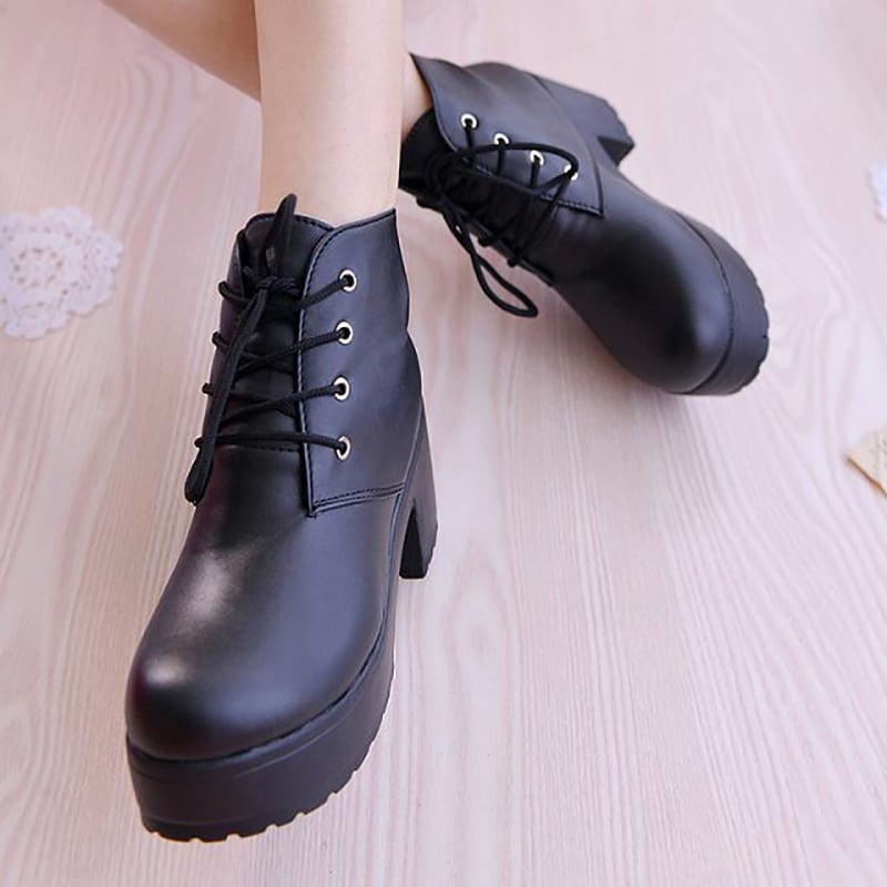 Women's Lolita Shoes JK Round Toe Shoes Lace-up School Uniform Dress Shoes for Girls Women Cosplay Sweet High Heel Boots