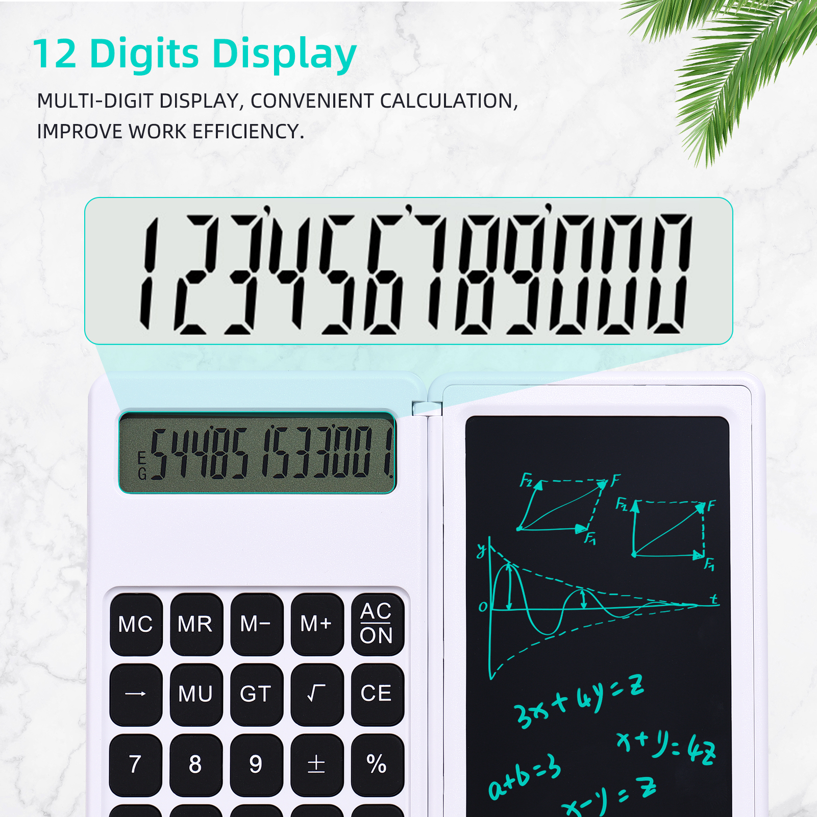 Foldable Calculator & 6 Inch LCD Writing Tablet Digital Drawing Pad 12 Digits Display with Stylus Pen Erase Button Lock Function