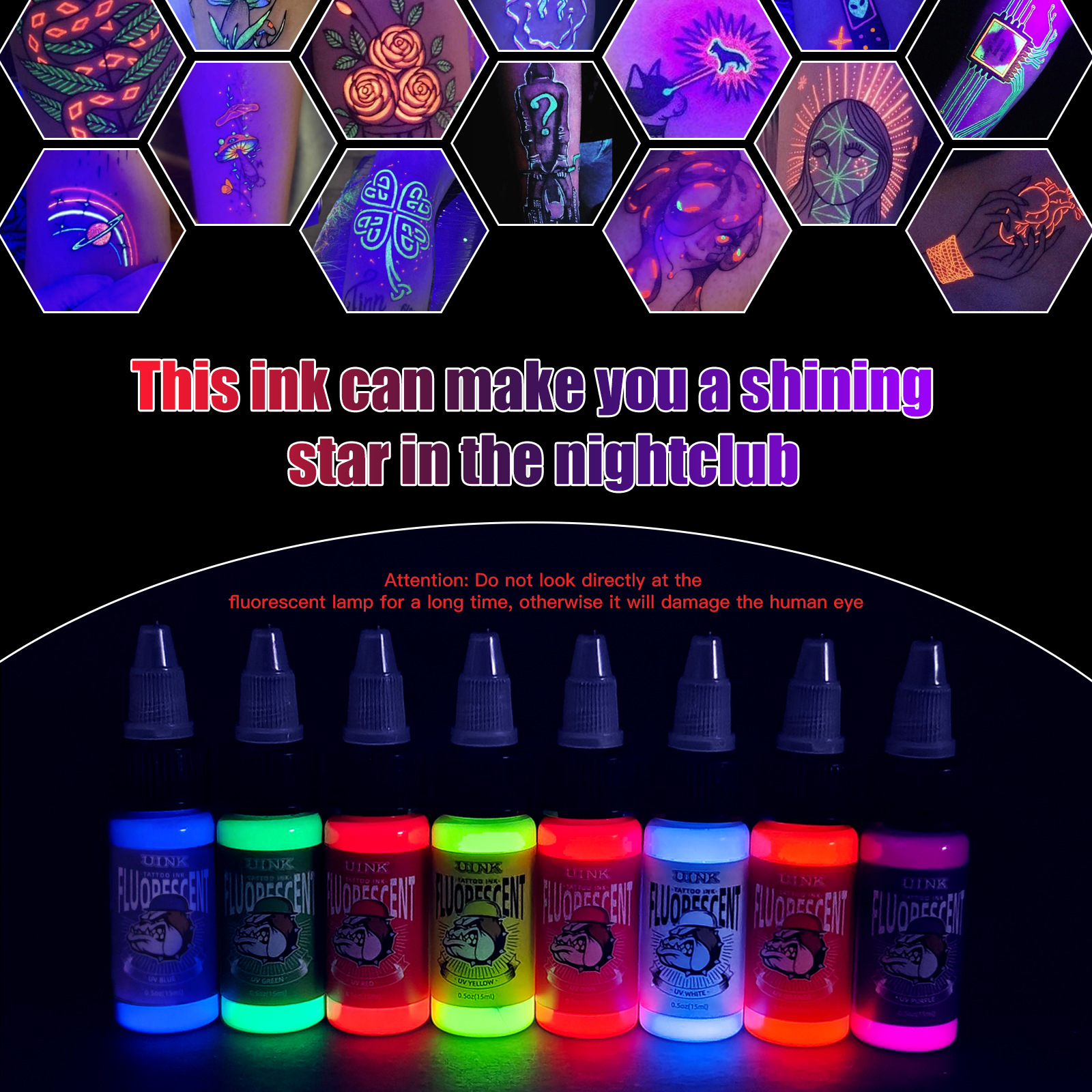 UINK Quality Fluorescent Tattoo Ink, Odorless Body Art Professional Tattoo Pigment