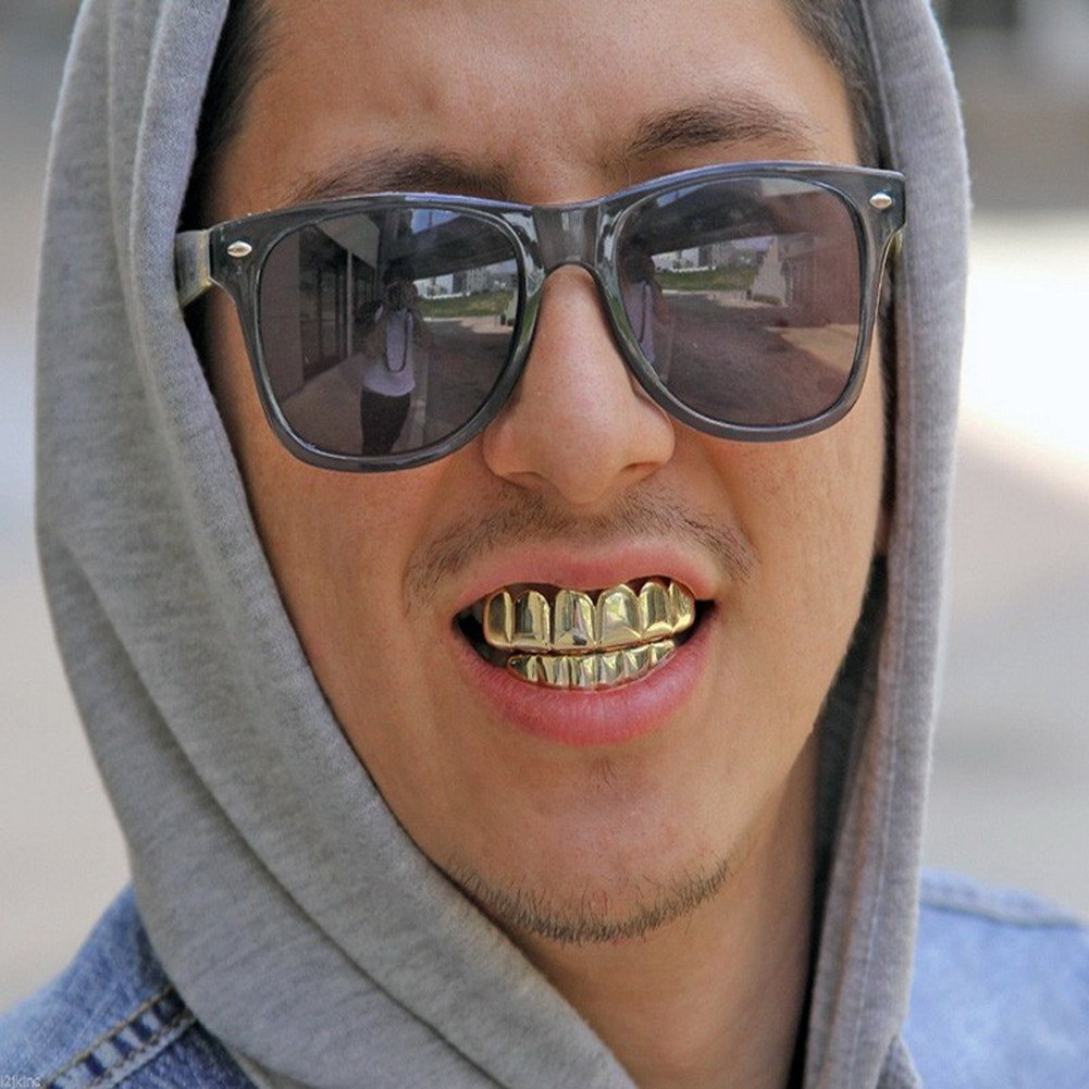 Hip Hop Gold Teeth Grillz Set Top Bottom Tooth Grills Dental Mouth Punk Teeth Caps Cosplay Party Rapper Jewelry
