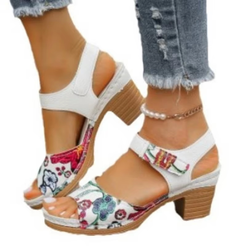 Women's Peep Toe Hihg Heel Sandals Summer Gladiator Shoes Chunky Heel Platform Women's Sandals Flower Ladies Heeled Shoes