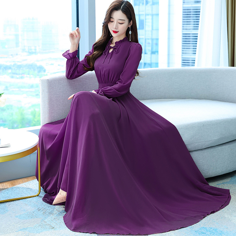 Women's Spring and Autumn Long Sleeve Dress Women's Style Chiffon Large Swing Long Dress Solid Color Skirt Fairy