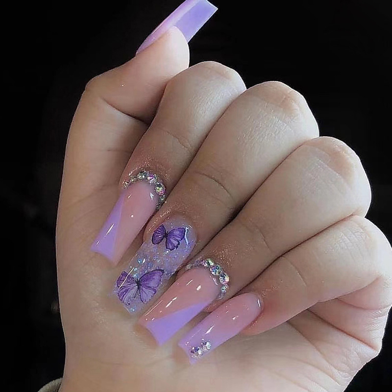 24pcs Fake Nail Tips With Rhinestone Butterfly Design Detachable Press On Nails Long Fake Nail Finished Nail Sticker With Glue