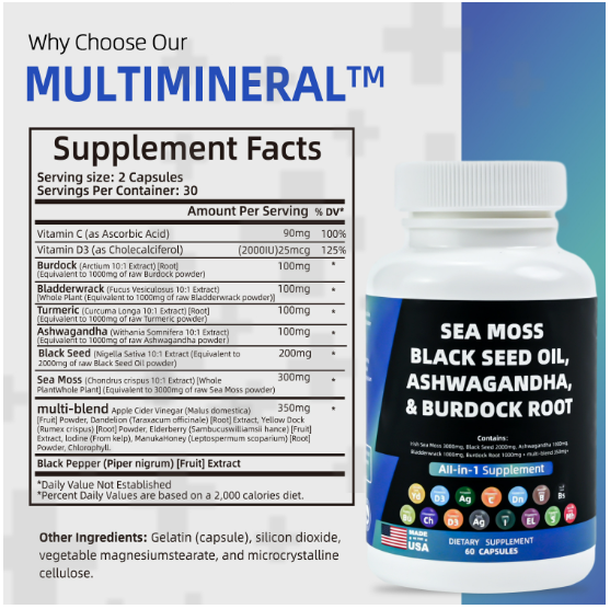 Sea Moss Capsules Contain Black Seed Turmeric & Vitamin D Plant-Based Daily Mineral All in One Supplement 60 Count Per Bottle