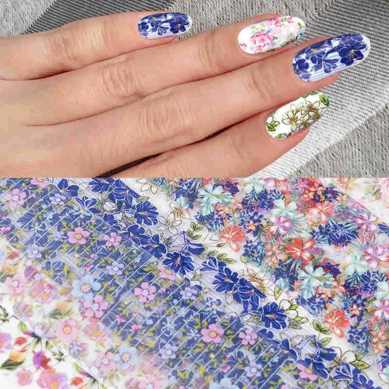 10Pcs/pack Fashion Nail Foil Stickers Set Women For Nails Rose Blue Flowers Art Stick Decals Transfer Sticker Decoration DIY