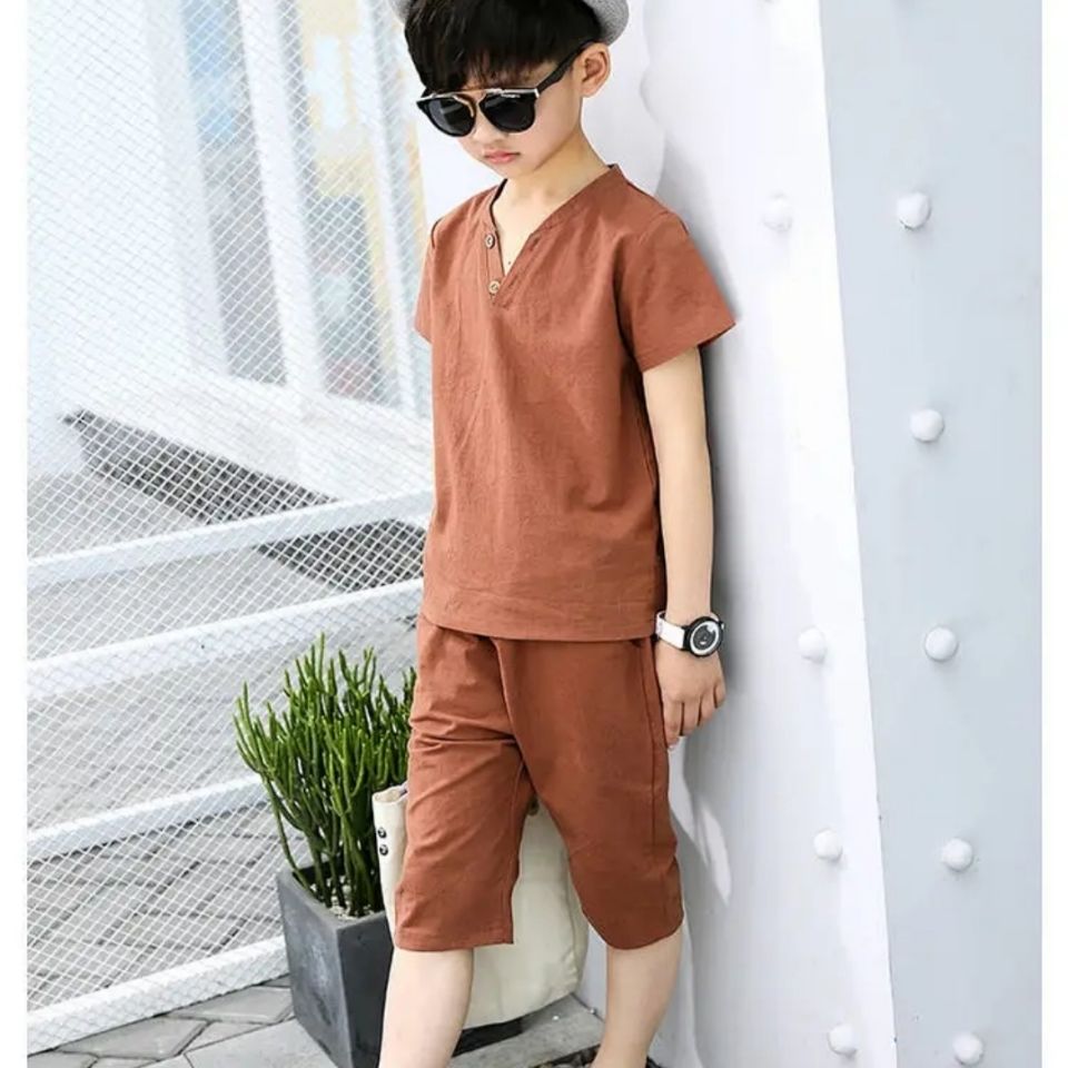Children's clothing boy summer cotton and linen short-sleeved suit children's summer big boy boy two-piece suit Korean version