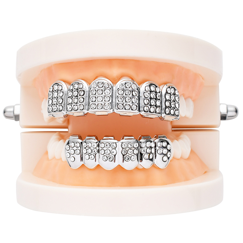 Shiny Hip Hop Gold Teeth Grills With Crystal Top &Bottom Iced Out Bling Grills Dental Mouth Teeth Caps Party Tooth Jewelry Hot