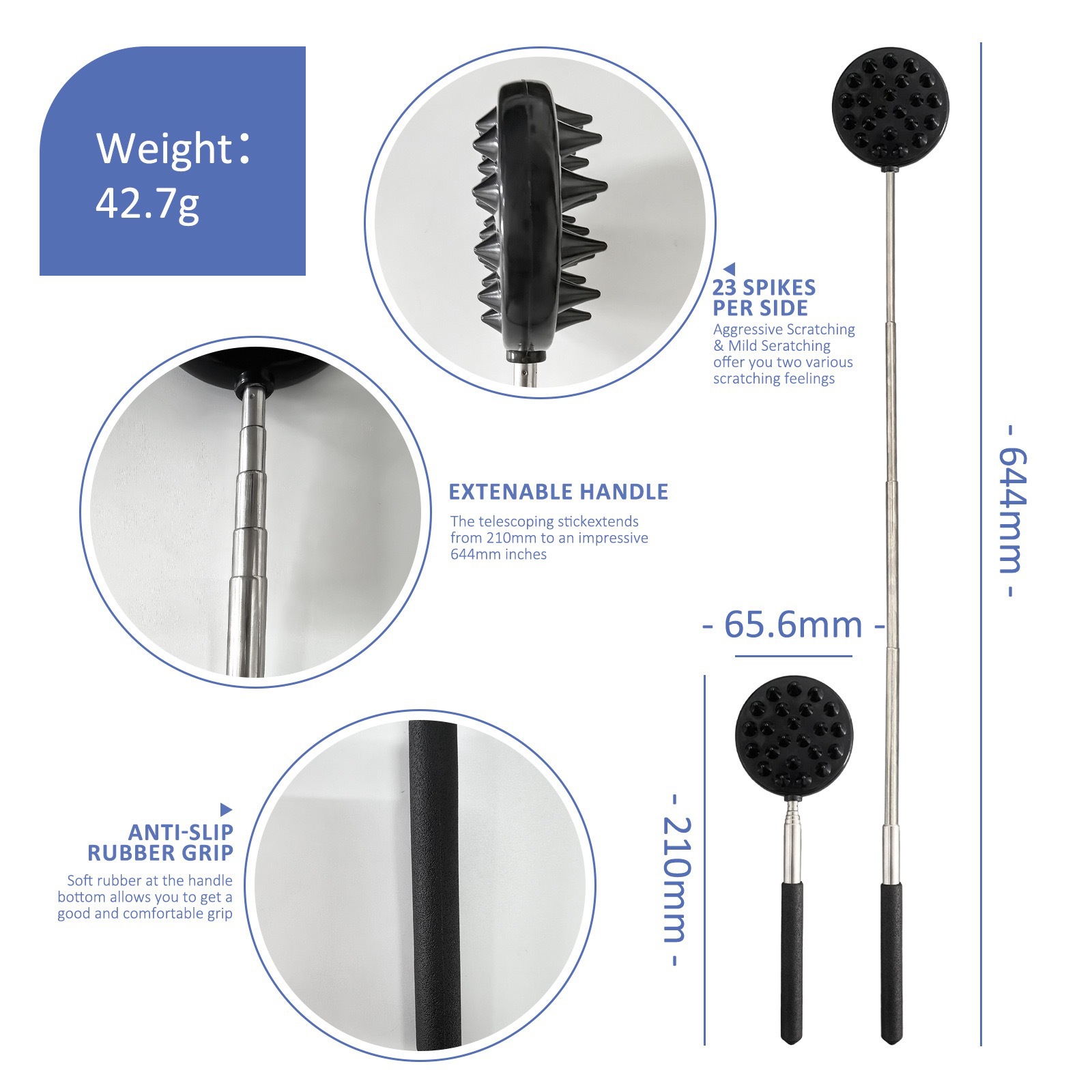 Adjustable Cactus Back Scratcher Massager - 2 Spike Sizes (0.25" 0.5") for Men & Women - Long Lasting PVC Itching Stick