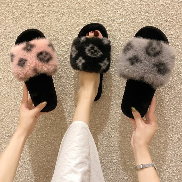 Leopard-print fur slippers women's autumn outer wear one-word drag fur women's shoes sandals non-slip PVC half drag