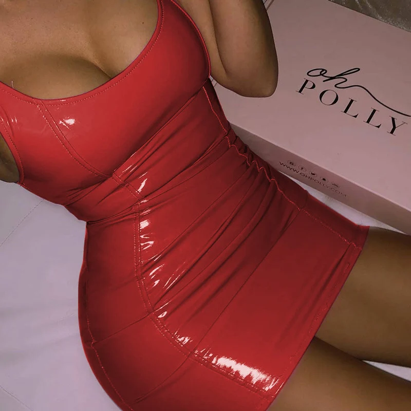 Sexy PU Leather Summer Dress Women Sleeveless Back Zipper Bodycon Bandage Elastic Slim Mini Party Club Dresses