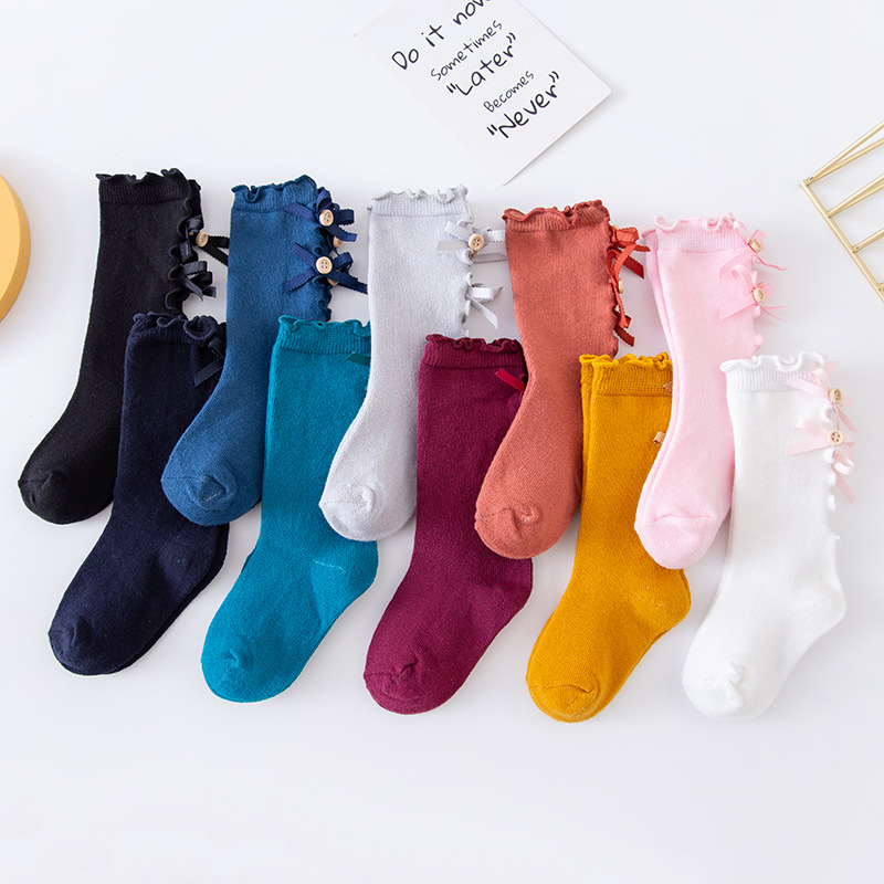 Spring and Summer Bow Fungus Baby Tube Children Socks Cotton Long Tube Girls Lace Socks