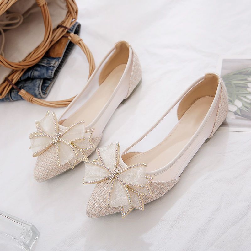 Summer Breathable Flat Heel Women's Scoop Shoes New Korean Edition Butterfly Knot Designed Mesh Pointed Casual Shoes