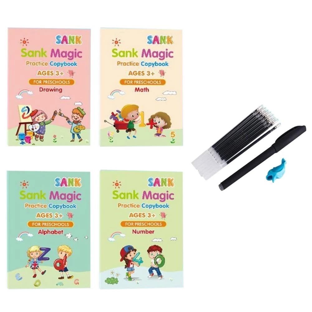 4 Books + Pen Magic Practice Copybook Free Wiping Children's Copybook Magic Magic Writing Sticker English Version