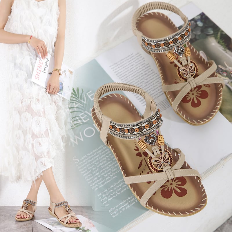 Women's Boho Style Flat Sandals RhinestoneButterfy Rivet Decor Elastic Strap Shoes CasuaSlip On Sandals