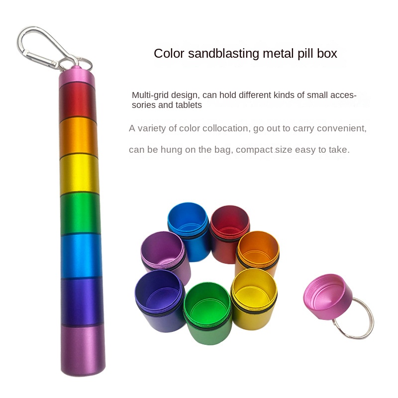 25*185mm portable rainbow aluminum alloy metal storage bottle water proof keychain 7-days pill case box sealed for accessories