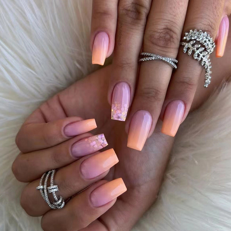 24pcs Pink Yellow Wavy lines Detachable Long Ballerina False Nails With Design Wearable Fake Nails Full Cover Nail Tips