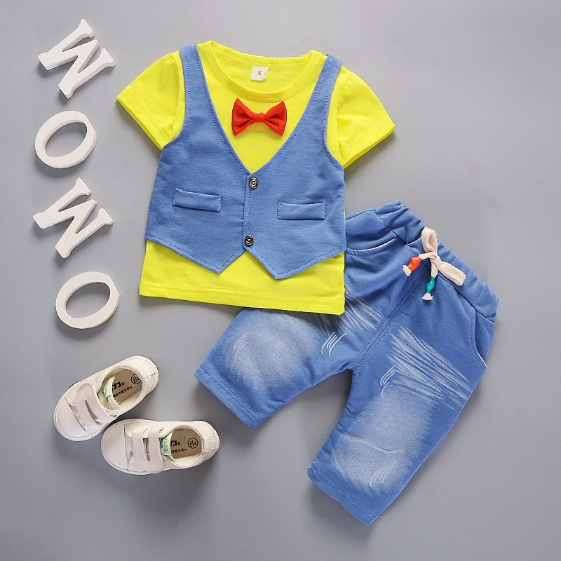 Ones boys summer new short sleeve mock waistcoat shorts clothing set baby kids cotton suit