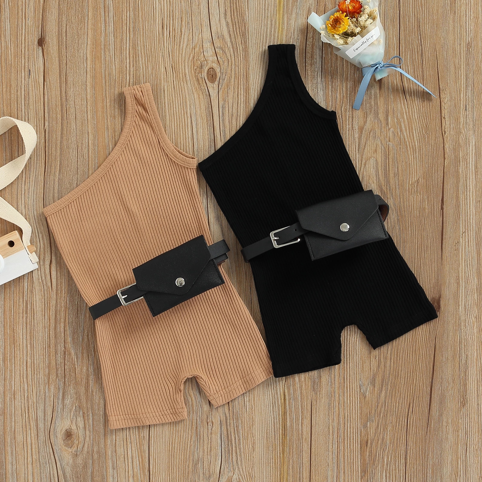 New 4 Colors 1-6Y Fashion Toddler Girls Summer Jumpsuits Pants With Belt Sleeveless Solid Knit Playsuits + Purses