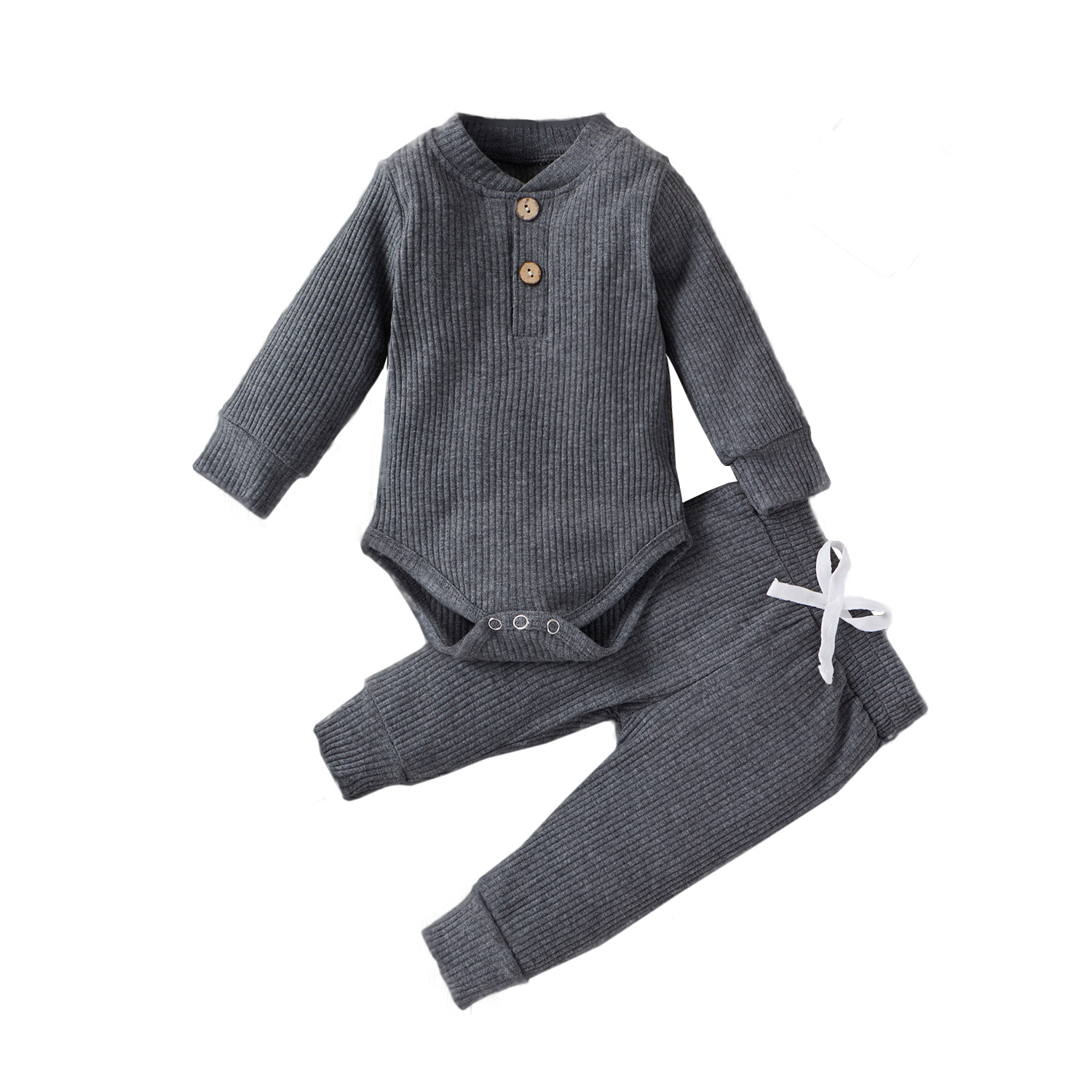 Infant Newborn Baby Girl Boy Spring Autumn Ribbed/Plaid Solid Clothes Sets Long Sleeve Bodysuits + Elastic Pants 2PCs Outfits