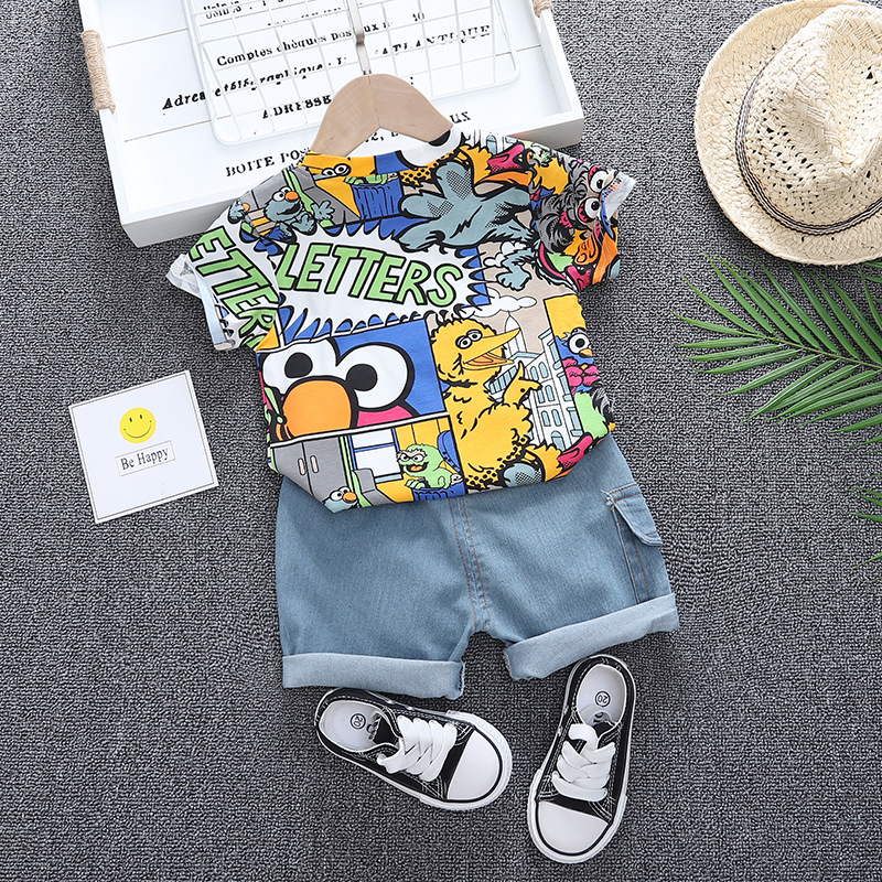 Cool Kid Boys Summer Clothes Outfit With Sunhat Fashion Graffiti Short-sleeved T-shirt Denim Shorts Set Children Pants Clothing