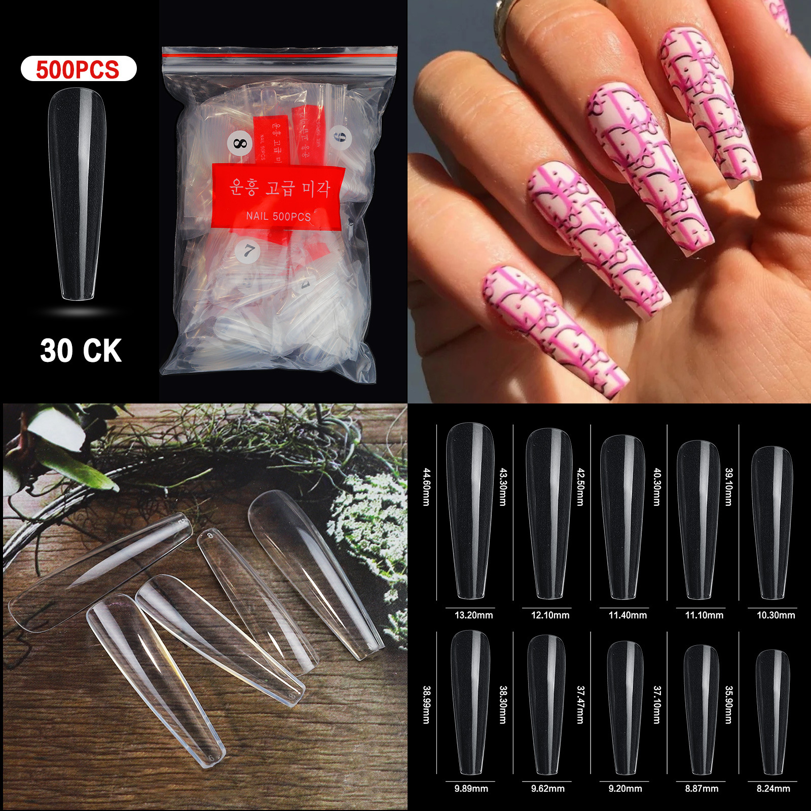 500pcs/Bag Super Long Full False Nail Art Tips Natural Clear Acrylic Fake T Sharp Nails For Salon Design Manicure Kit