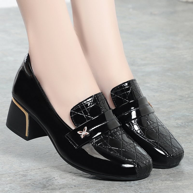 Thick Heel Single Shoes for Women 2024 New Deep Mouth Leather Shoes Mid Heel Lefu Shoes Round Toe Middle aged Women's Shoes