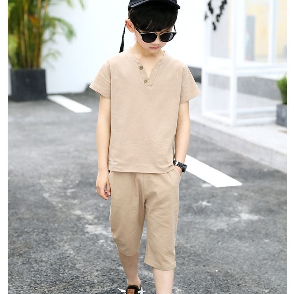 Children's clothing boy summer cotton and linen short-sleeved suit children's summer big boy boy two-piece suit Korean version