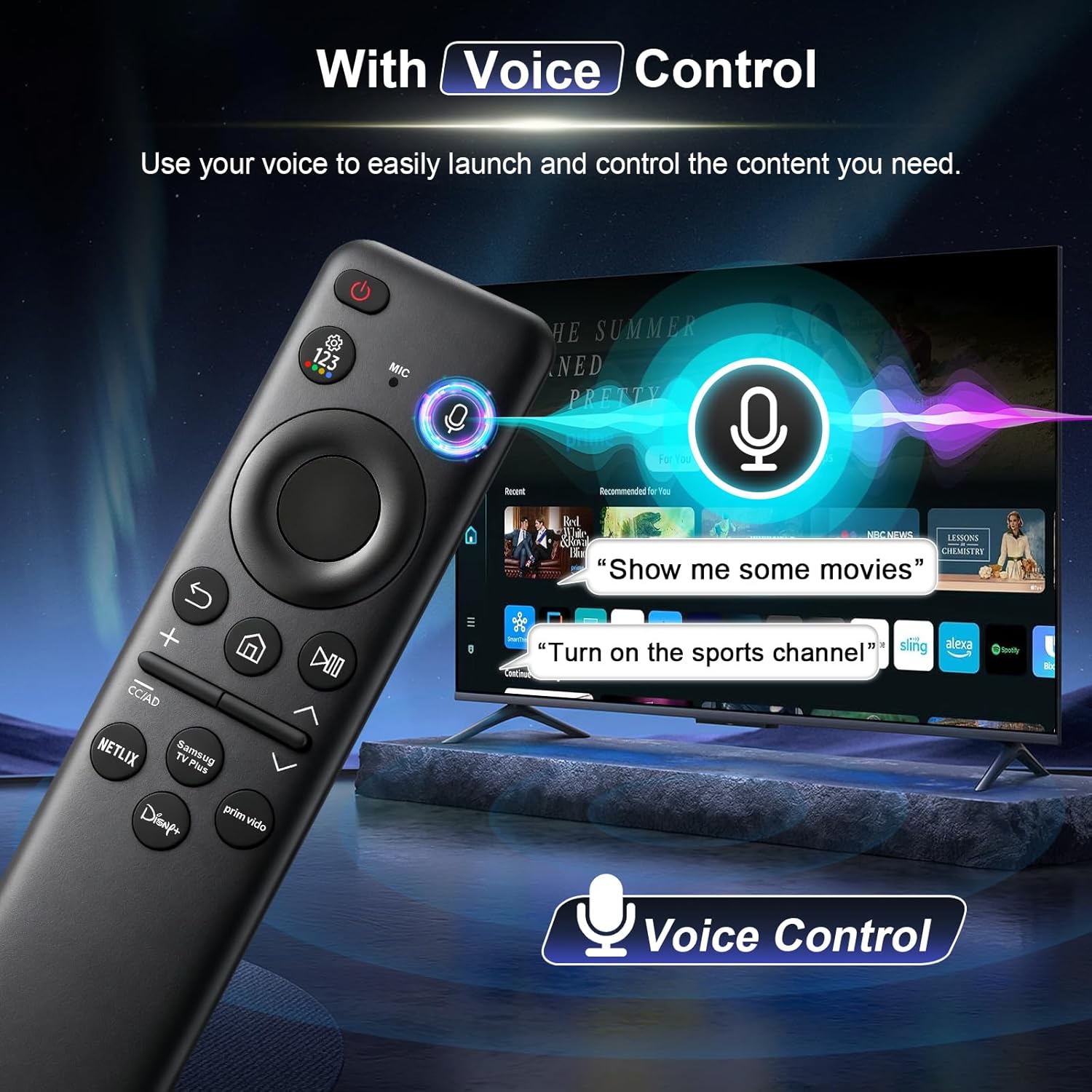 BN59-01432A TM2360E Rechargeable Voice Remote for Samsung Smart TVs, Replacement for All –2025 Samsung TV Remote Control with Solar Charging and Voice