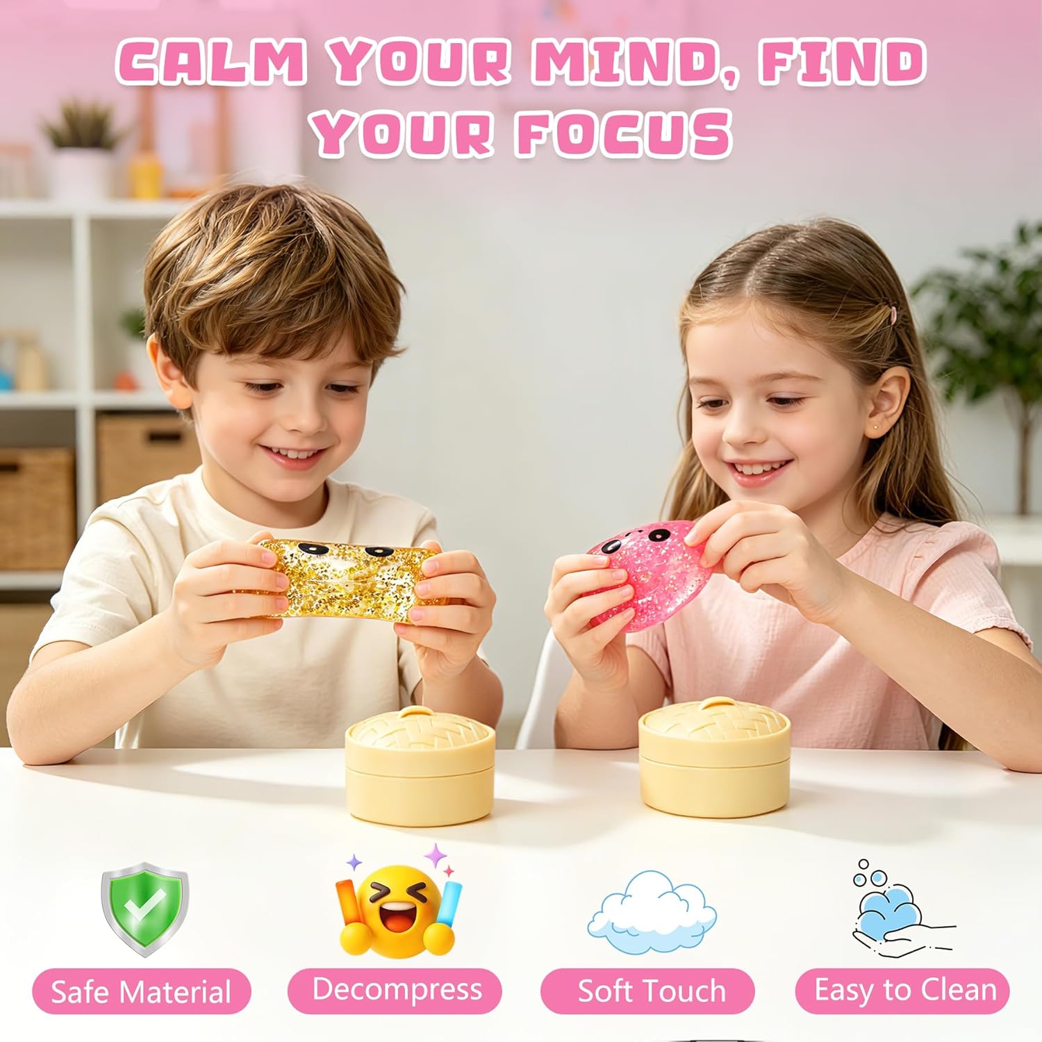 2 2.0" Sugar Mini Glitter Dumpling Squishy Surprise Box – Cute Bao Bun Squishy Set with Steamer, Glittery Slow Rise Stress Relief Toys, Mystery Sensor