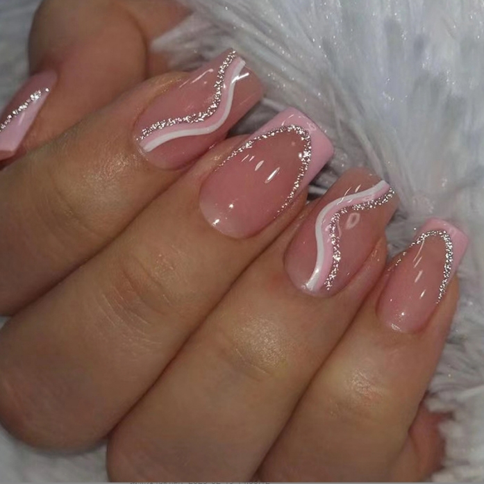 24pcs False Nail Full Cover Fake Nail Elegant Pink Gradient Glitter French Short Nails Coffin Middle False Nail Press On Nails