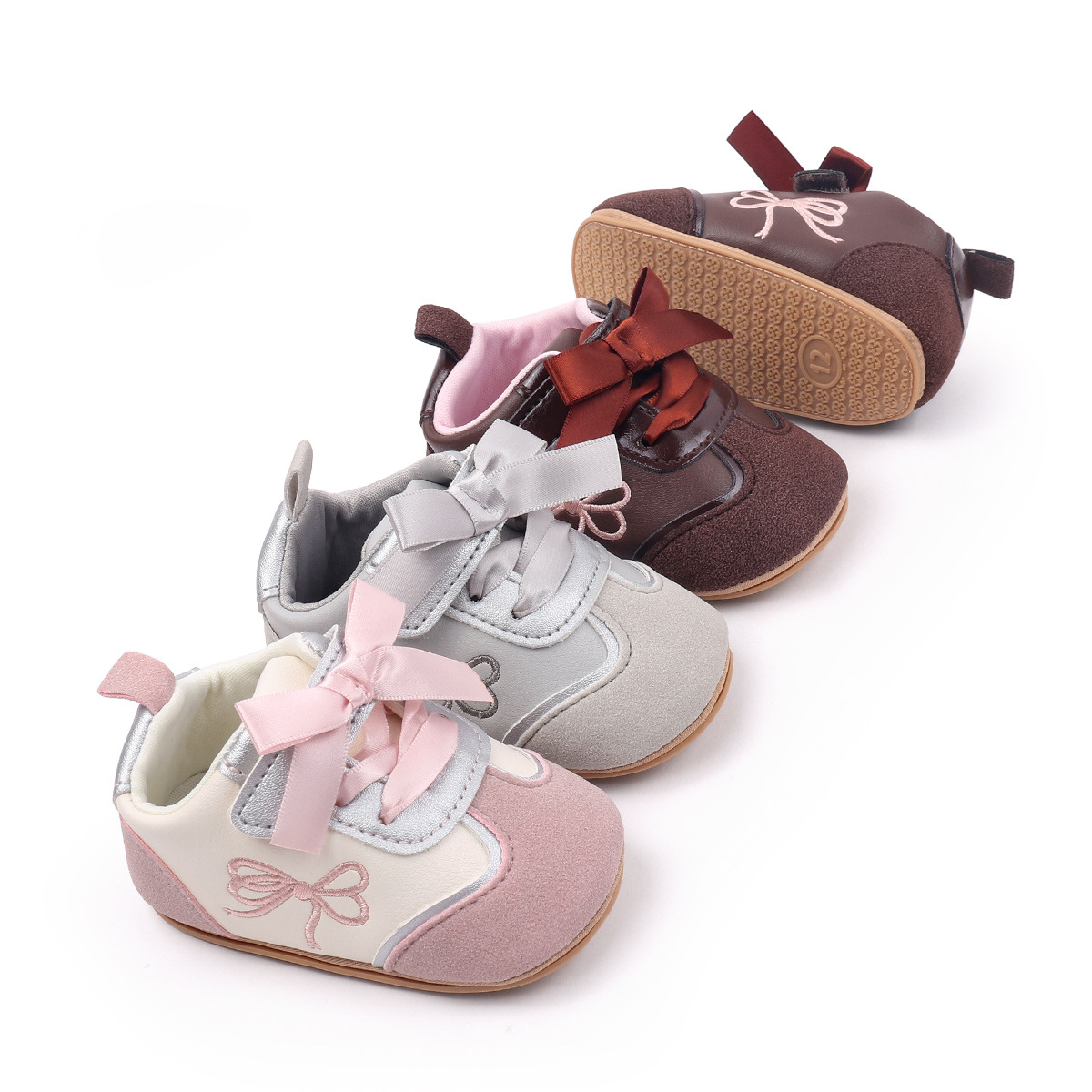2026 New Design Newborn Baby Girls Causal Sport Style First Walking Outdoor PVC Sole With Beautiful Bow Toddler Shoes