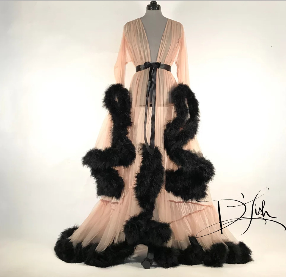 Luxury Sexy Lace Night Robe Women Kimono Night Maxi Dress Gown Mesh Long Sleeve Fur Babydoll Party Sleepwear Nightgrown Robes