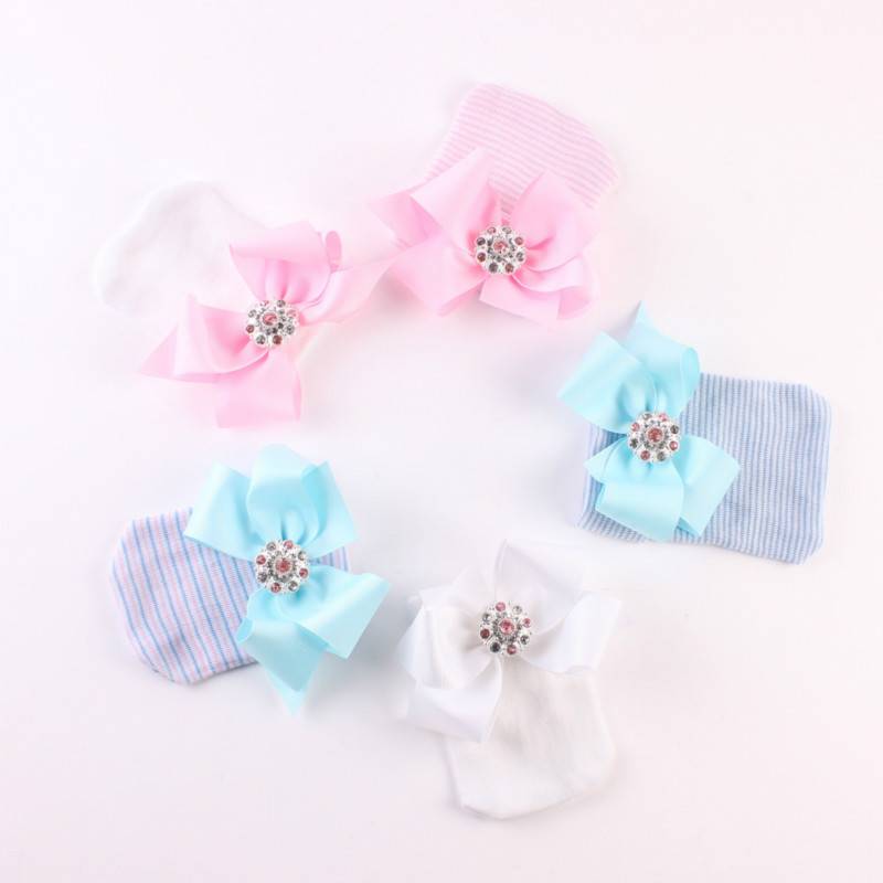 Big bow tie shiny diamond Pink Stripe girl baby knitting hat newborn baby Pullover hat