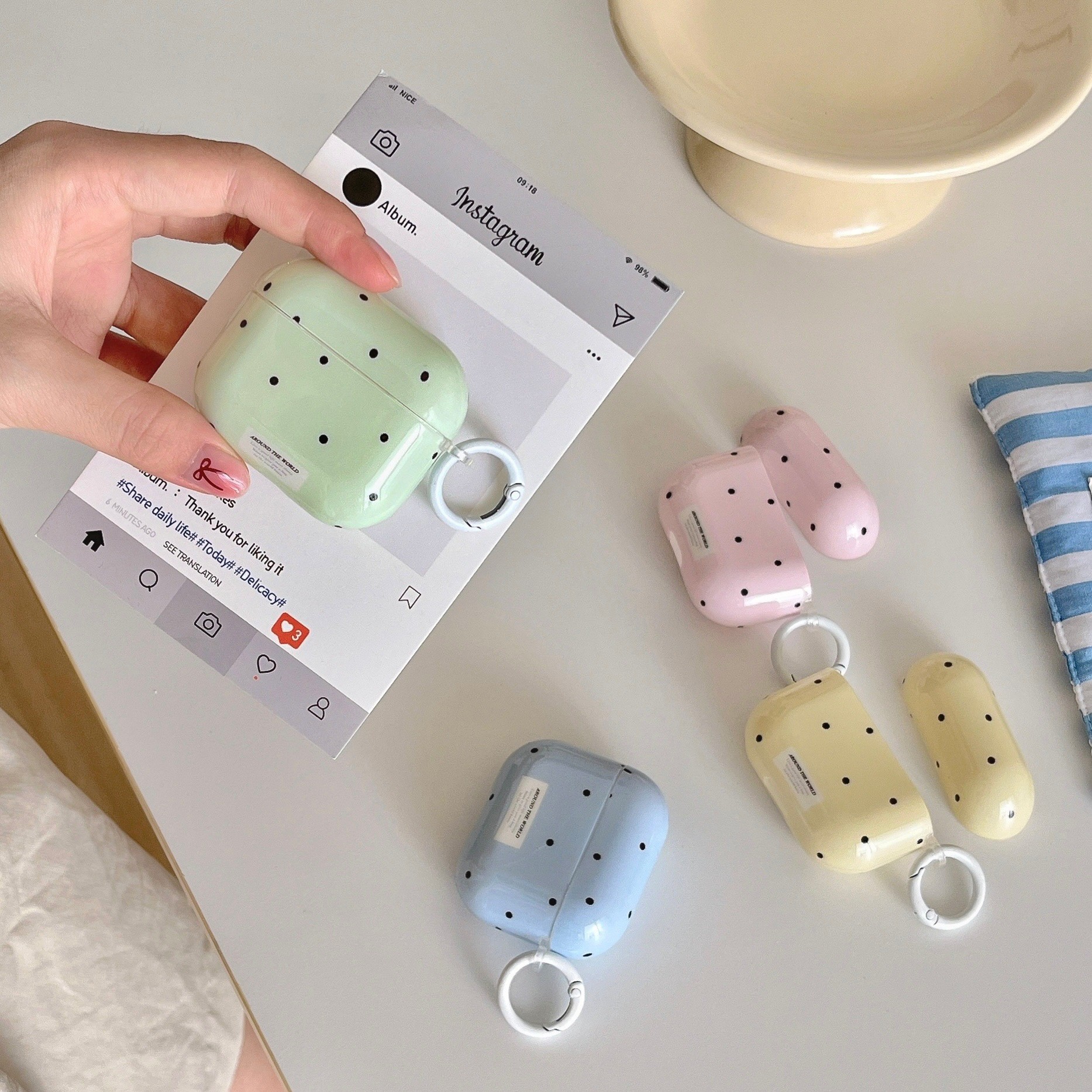 1PC Simple Chic Pink Green Polka Dots Solid Color Protective Earphone Case Cover for AirPods 1 2 3 4 Pro 2 Pro 3